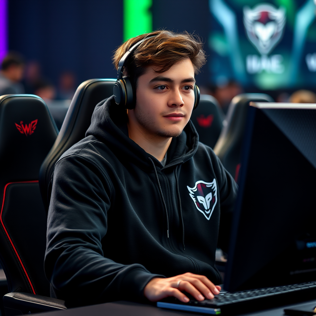 Professional esports player wearing a black gaming hoodie with team logo sitting at gaming setup during tournament