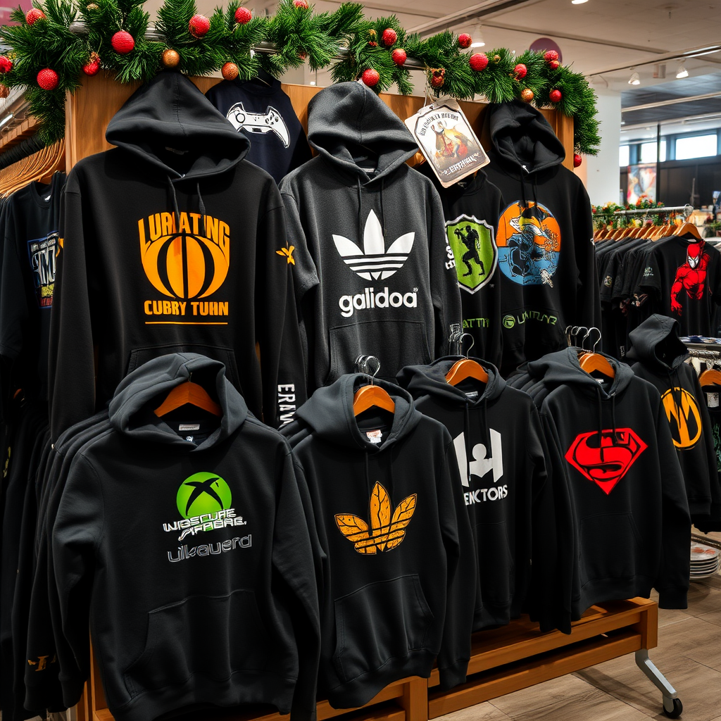 Display of various gaming merchandise including hoodies and sweatshirts featuring popular video game logos and characters arranged in a retail store setting during holiday season