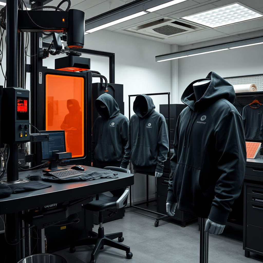 Modern gaming apparel design laboratory showing ergonomic testing equipment, moisture-wicking fabric samples, and gaming hoodies being analyzed for comfort and performance