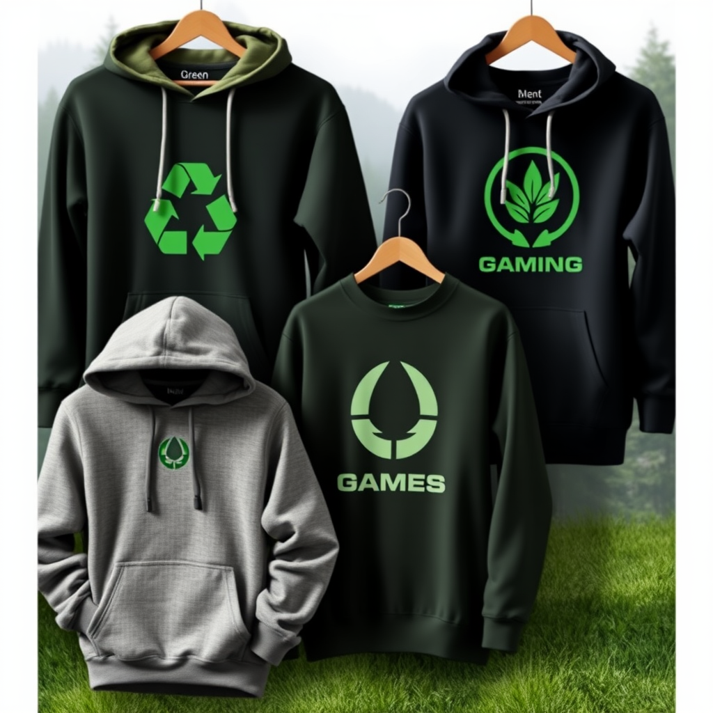 Sustainable gaming merchandise display showing eco-friendly hoodies and sweatshirts made from recycled materials, with green manufacturing symbols and gaming logos