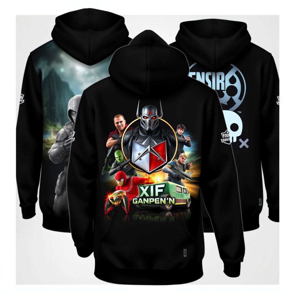 Custom gaming sweatshirt with personalized artwork featuring popular video game characters and logos on premium quality hoodie fabric