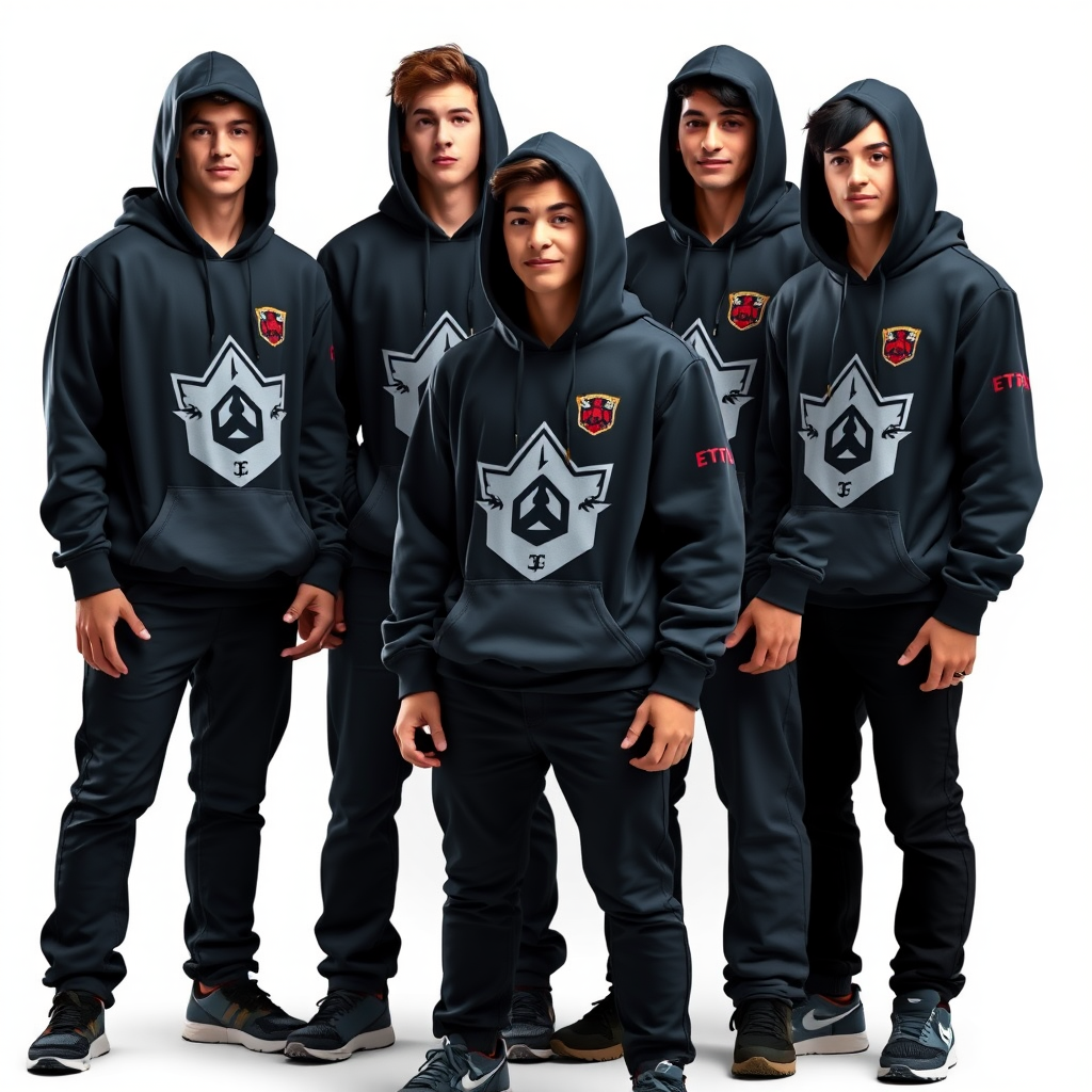 Professional esports team wearing matching gaming hoodies with team logos, standing together in coordinated formation