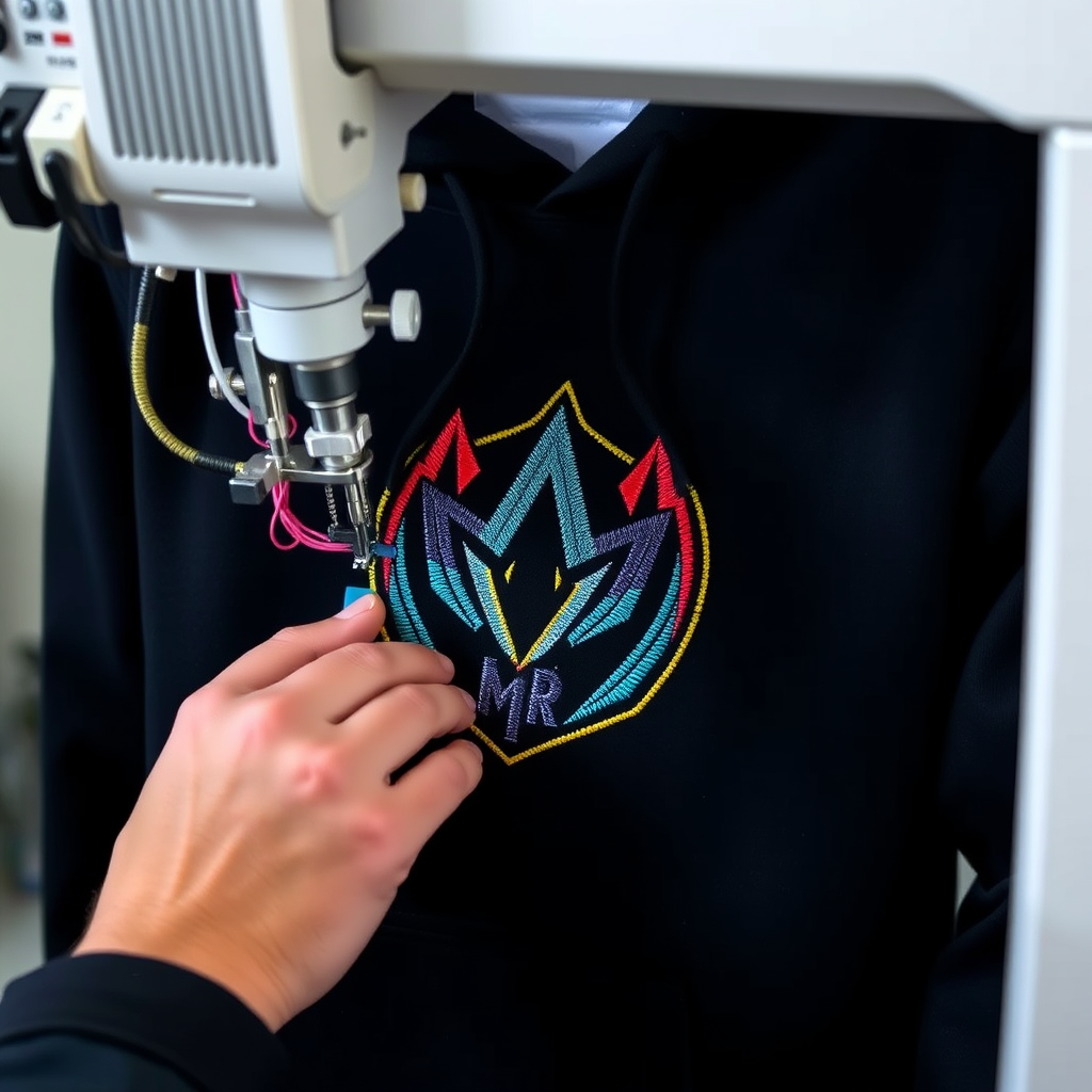Professional embroidery machine creating custom gaming logo on a dark hoodie with colorful threads