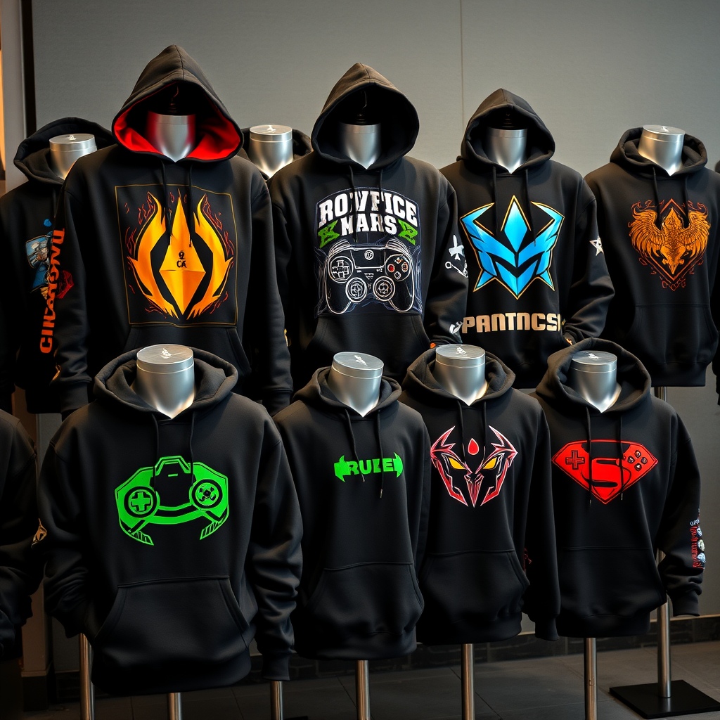 Collection of gaming hoodies and sweatshirts displayed on mannequins, featuring designs from popular video games with vibrant graphics and logos