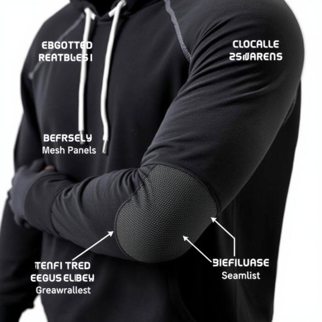 Close-up view of an ergonomic gaming hoodie showing reinforced elbow areas, breathable mesh panels, and strategic seam placement designed for gaming comfort