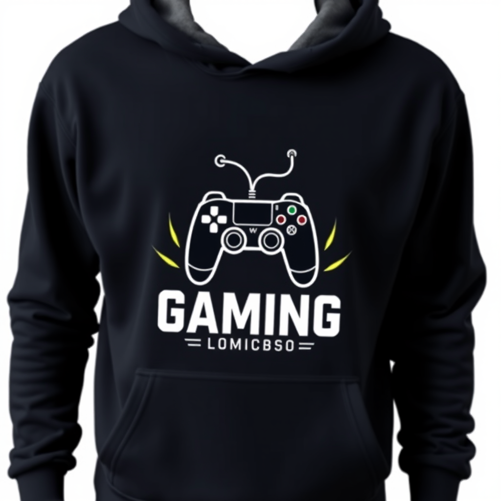 Gaming sweatshirt featuring custom logo design with controller elements and gaming typography on dark colored hoodie
