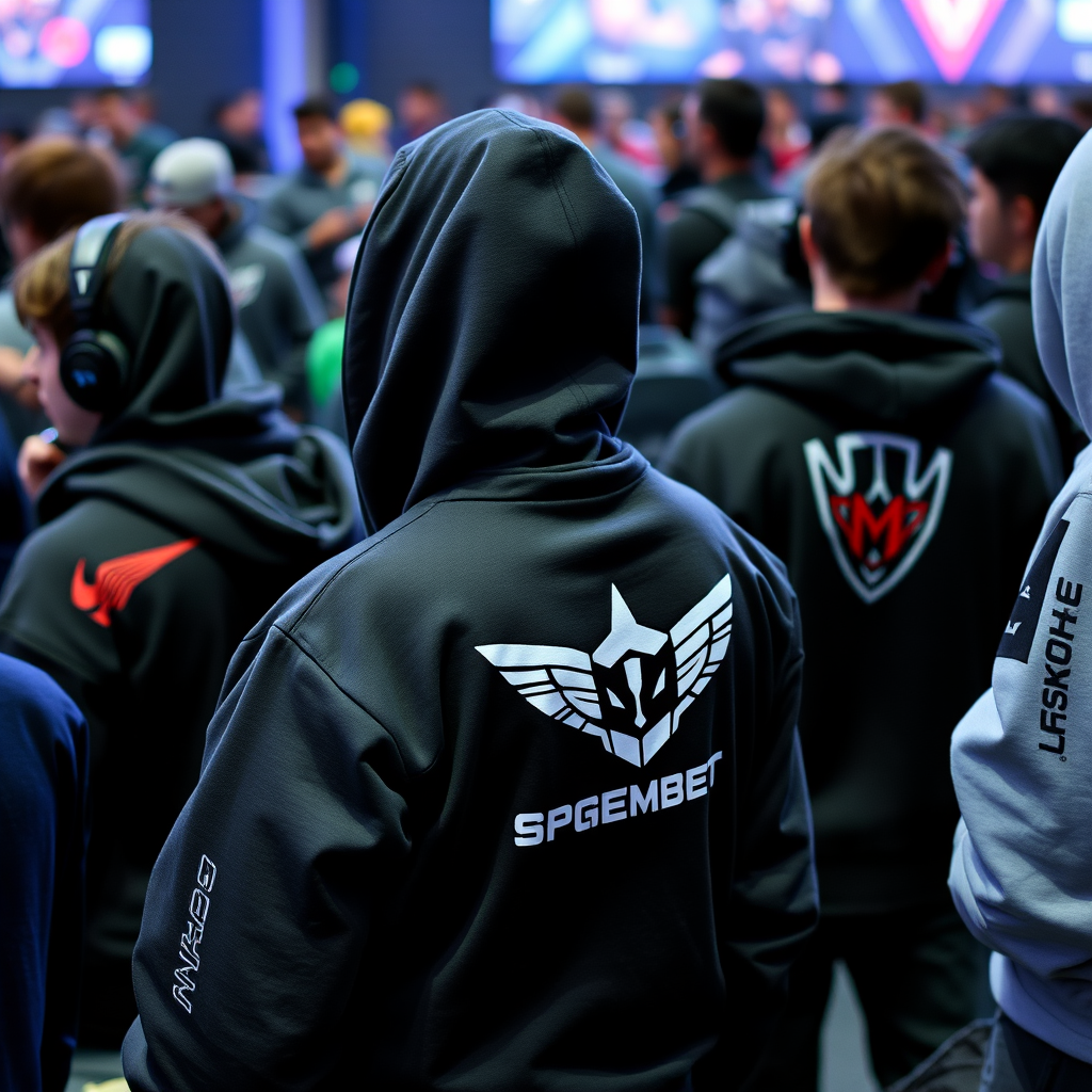 Esports tournament scene with multiple gaming teams wearing distinctive hoodies and sweatshirts with team branding and gaming logos