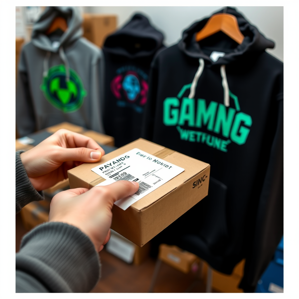 Prepaid shipping label being printed for gaming sweatshirt exchange with packaging materials and gaming-themed hoodies in background
