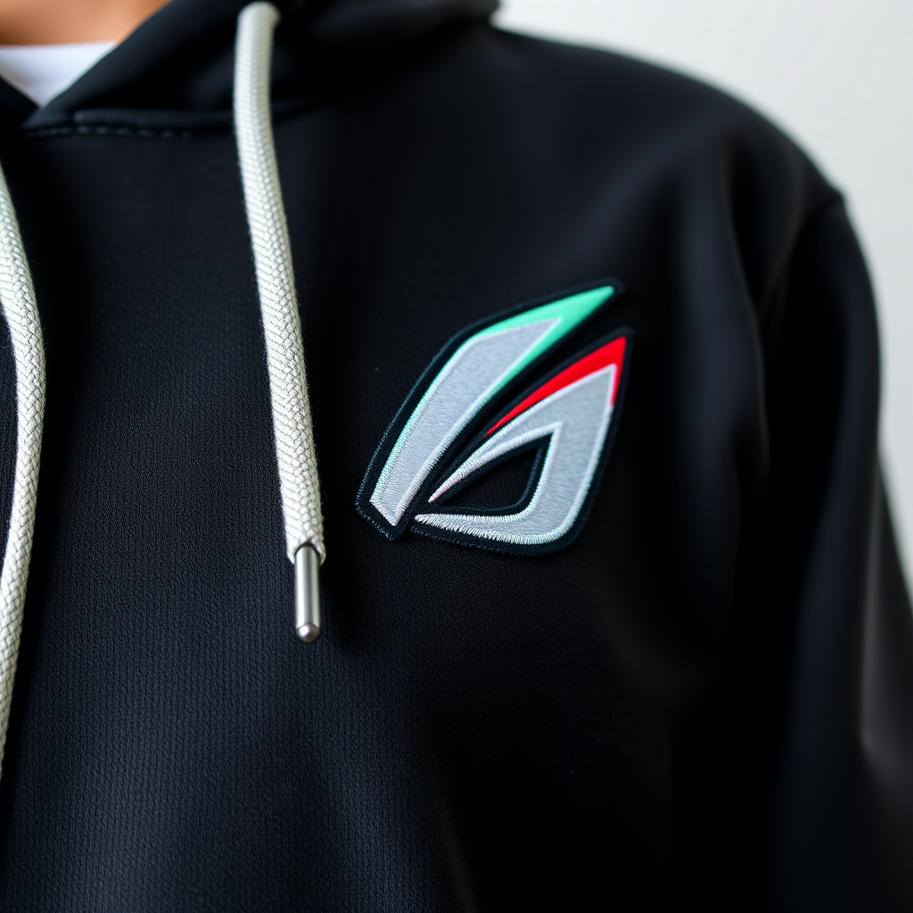 Close-up view of high-quality embroidered gaming logo on a hoodie showing detailed stitching and vibrant colors