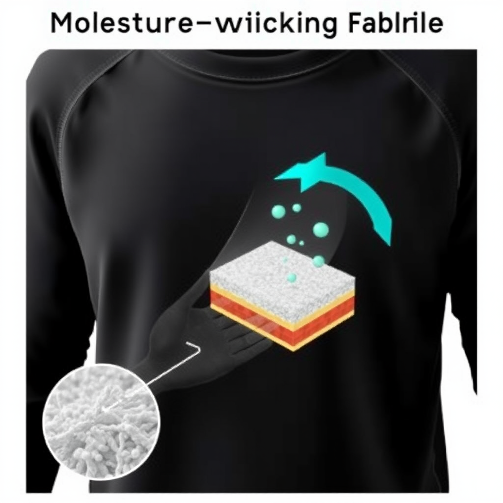 Scientific diagram showing moisture-wicking fabric technology with cross-section view of microfibers pulling sweat away from skin in gaming sweatshirts