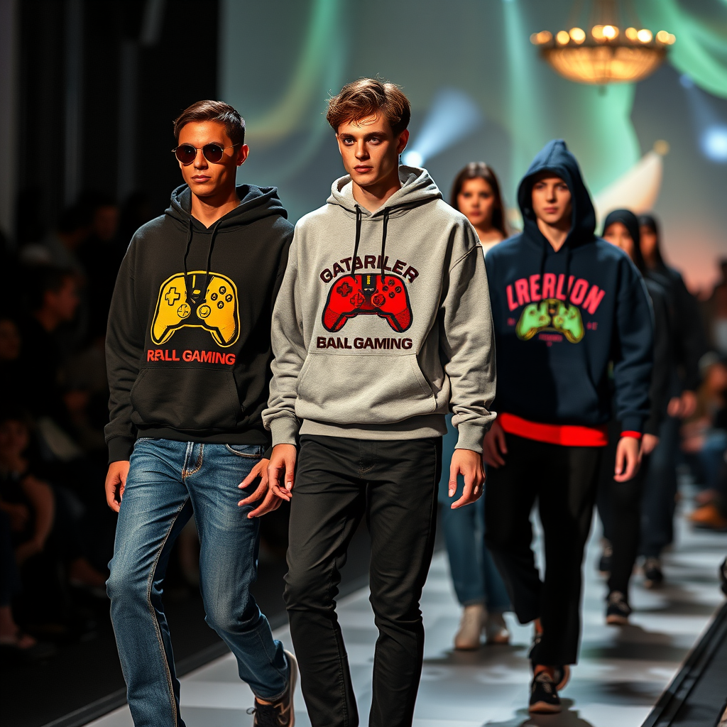 Fashion runway showing models wearing stylish sweatshirts and hoodies with retro gaming logos, featuring modern cuts and premium materials in an upscale fashion show setting