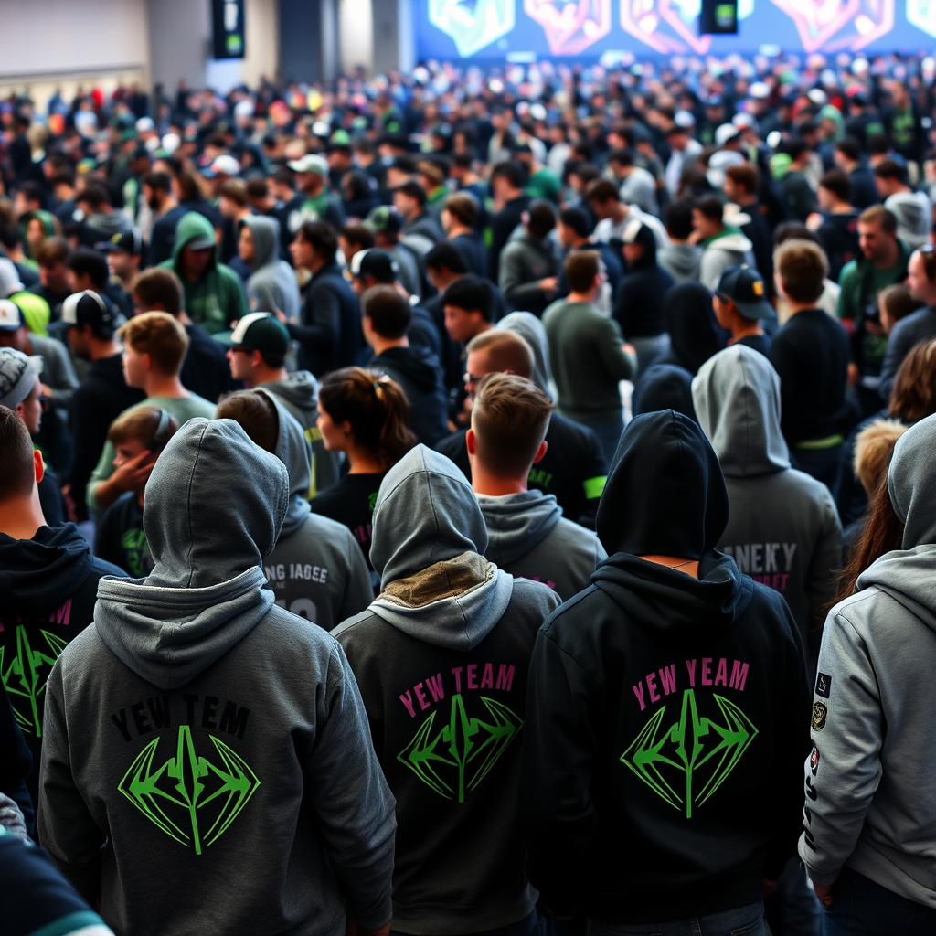 Large gaming community event with hundreds of participants wearing custom gaming hoodies and sweatshirts, showcasing team unity and gaming culture