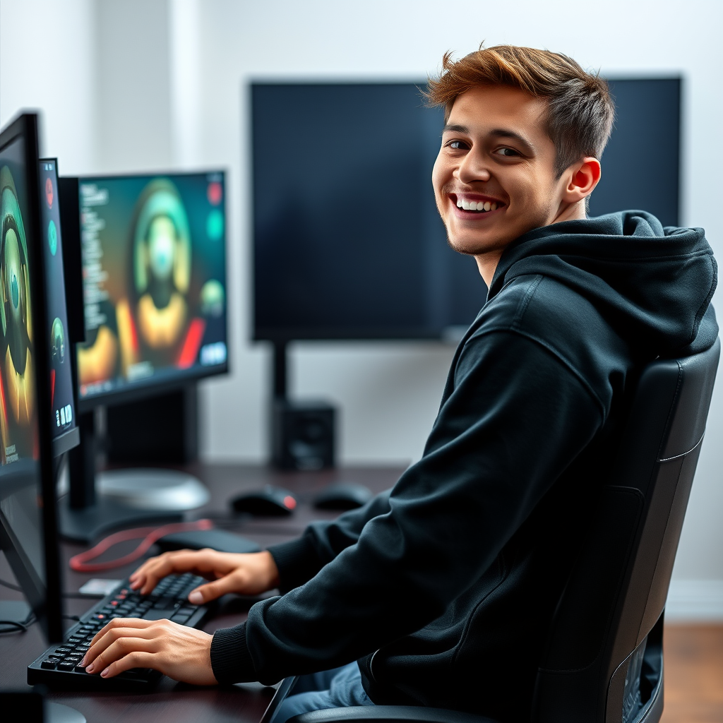 Happy gamer wearing perfectly fitted gaming hoodie while playing video games at computer setup with multiple monitors