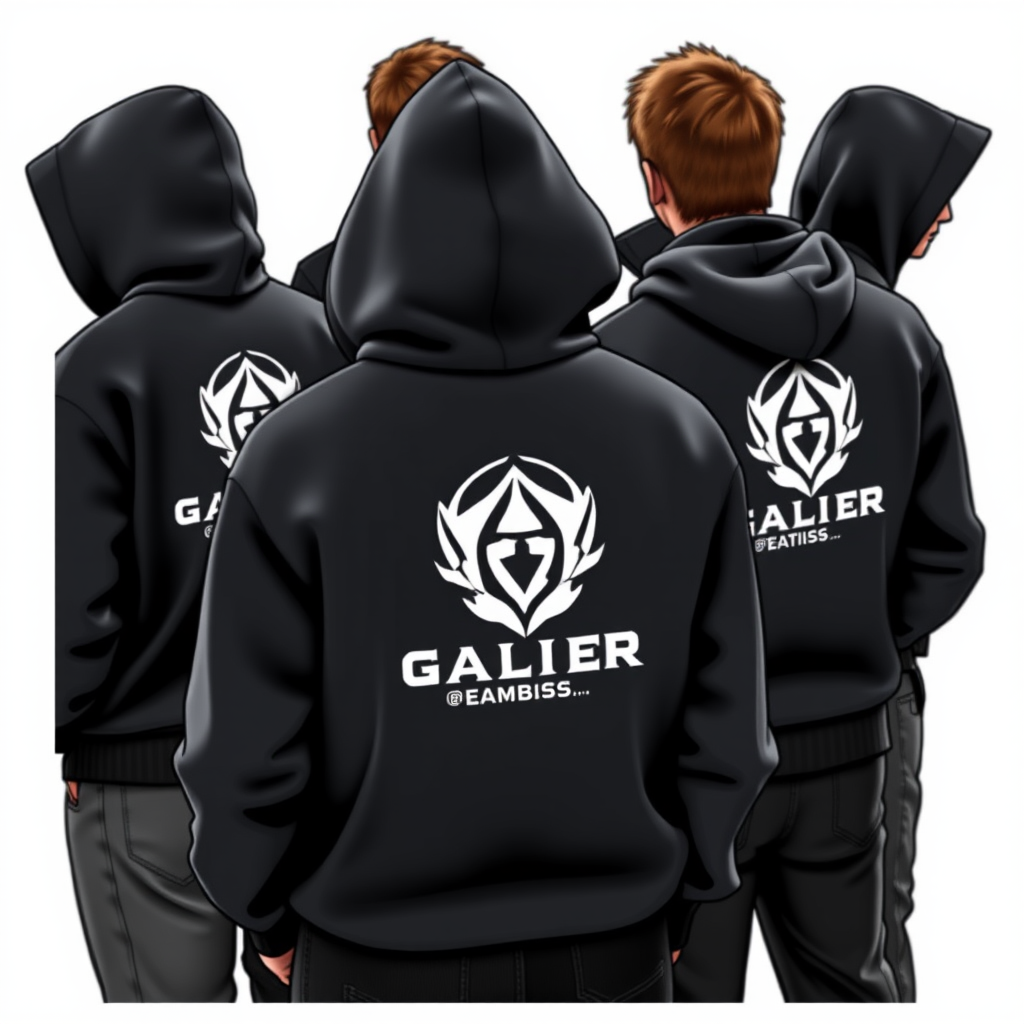 Group of gamers wearing matching embroidered hoodies with team logo and individual gamertags
