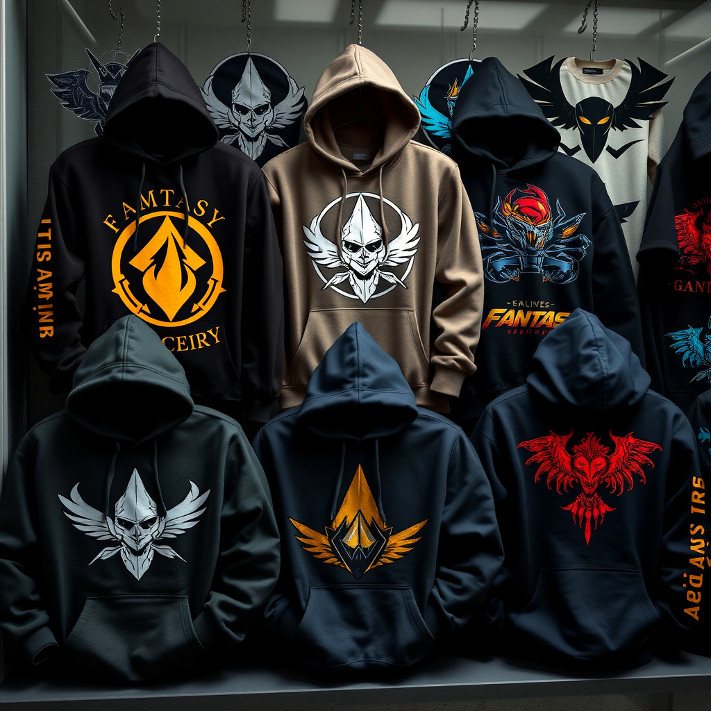 Display of various gaming hoodies featuring popular game logos including fantasy RPG, racing, and shooter game designs in different colors