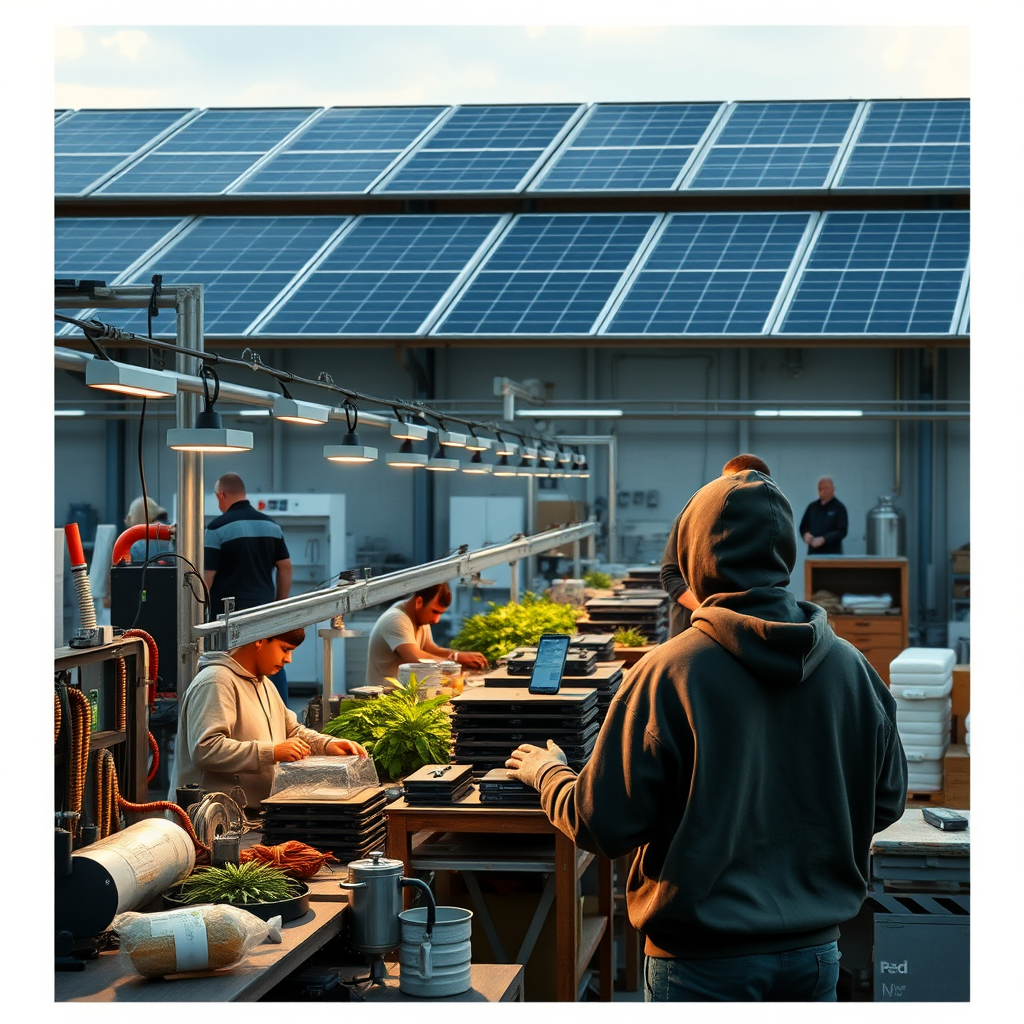 Modern eco-friendly manufacturing facility with solar panels on the roof, producing sustainable gaming sweatshirts and hoodies with workers using environmentally conscious production methods