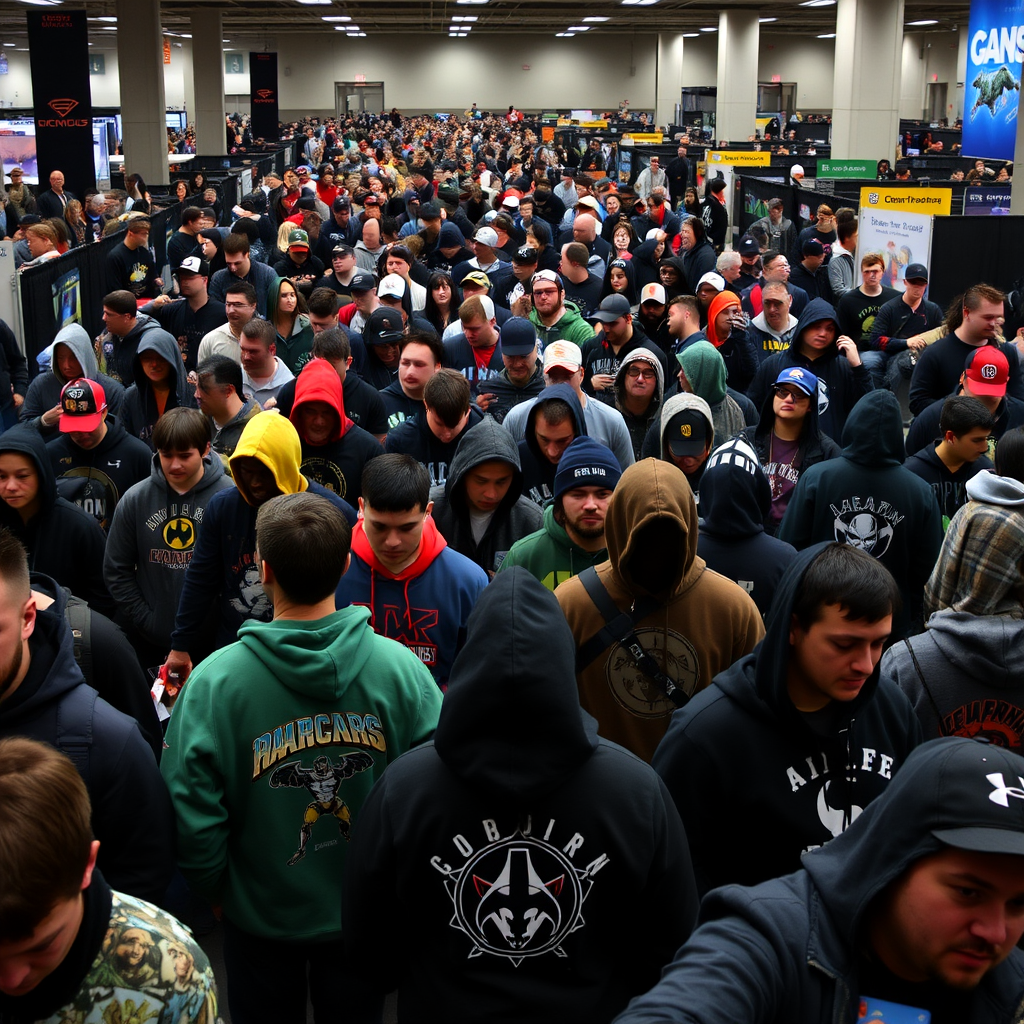 Large crowd at gaming convention with attendees wearing diverse collection of gaming hoodies and sweatshirts from different game franchises
