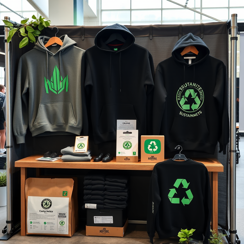 Esports tournament merchandise booth displaying sustainable gaming hoodies and sweatshirts with tournament logos, showing eco-friendly packaging and recycling information