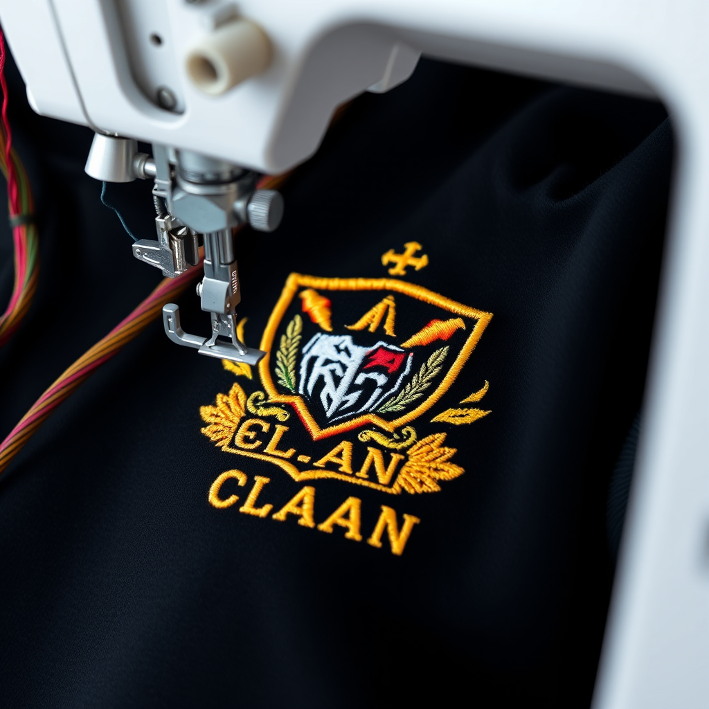 Close-up of embroidery machine stitching gamertag and clan logo onto gaming hoodie with colorful threads